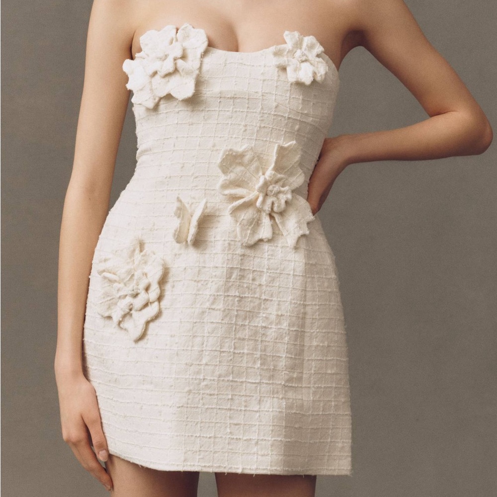 Leo Lin Strapless Tweed White Mini Dress with 3D Floral Accents (Sz 8, $795)